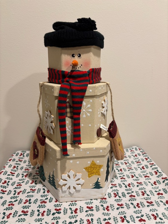 Other - Holiday Snowman Decorative Stackable Box - Cream with Red & Green Scarf
